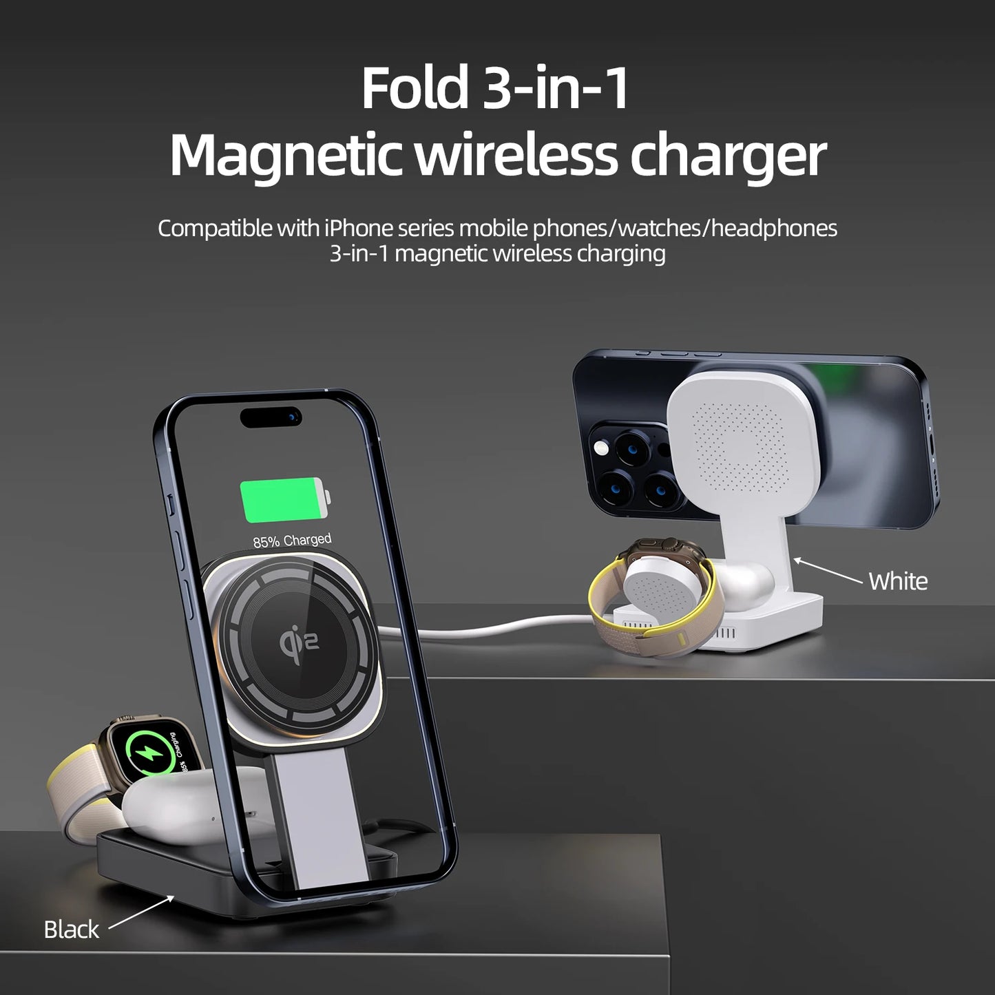 Foldable Magnetic Wireless Charging Station | 15W Fast Charge for iPhone 16 Pro, Samsung, Watch & AirPods