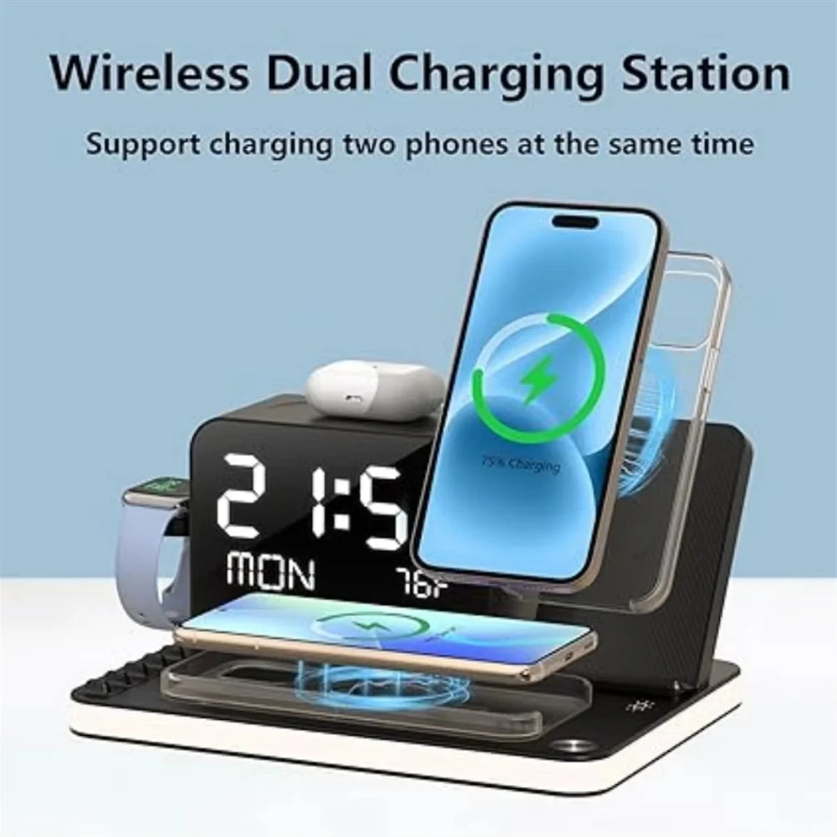 NEW Wireless Charging Station 7 in 1 Fast Charger Stand with Clock Night Lights for Watches Smartphones
