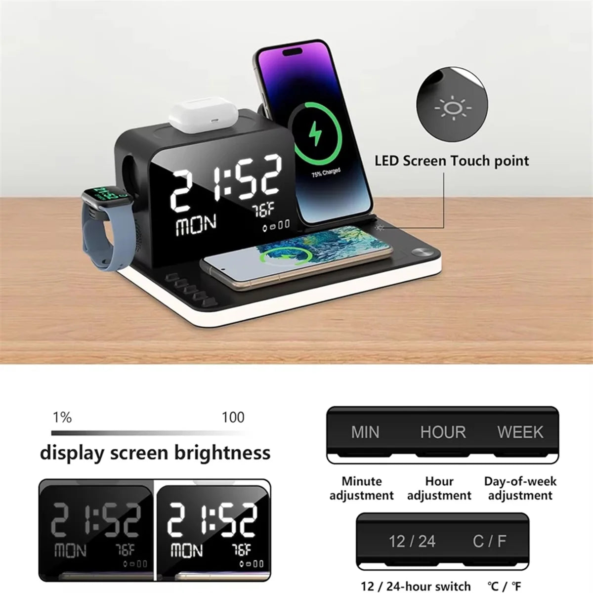 NEW Wireless Charging Station 7 in 1 Fast Charger Stand with Clock Night Lights for Watches Smartphones