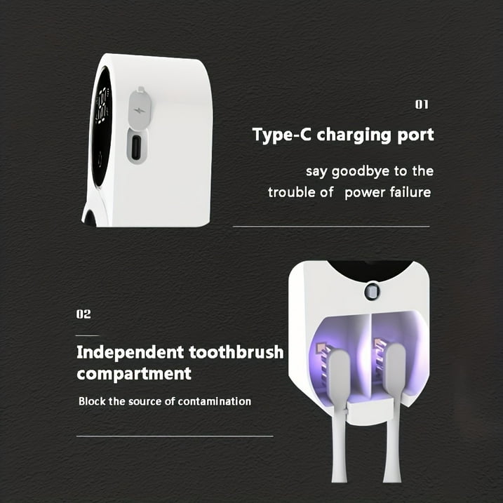 Toothbrush Cleaner & Toothbrush Holder, Cleaning and Air Drying, LED Smart Screen, Rechargeable Wall Mount Toothbrush Holder Fo
