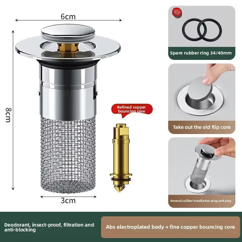 Universal Anti-Clog Pop-Up Drain Stopper – Stainless Steel Hair Catcher & Odor Filter for Bathroom & Kitchen Sink