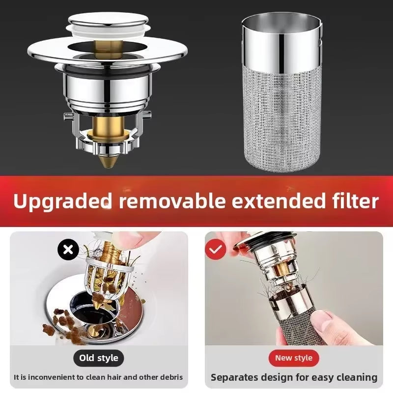 Universal Anti-Clog Pop-Up Drain Stopper – Stainless Steel Hair Catcher & Odor Filter for Bathroom & Kitchen Sink