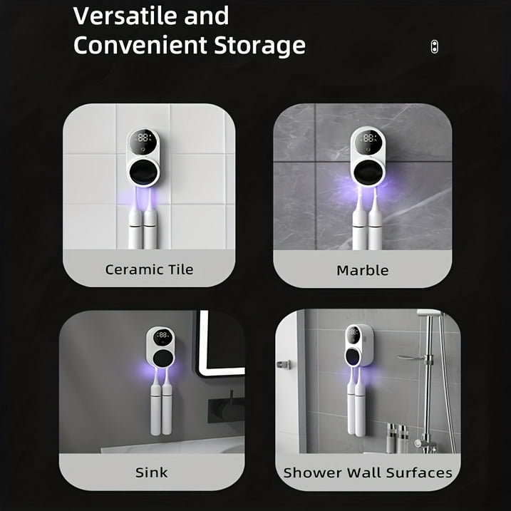 Toothbrush Cleaner & Toothbrush Holder, Cleaning and Air Drying, LED Smart Screen, Rechargeable Wall Mount Toothbrush Holder Fo