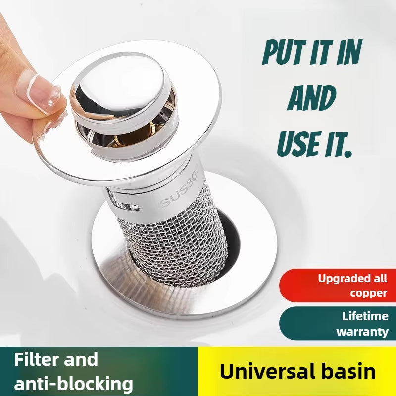 Universal Anti-Clog Pop-Up Drain Stopper – Stainless Steel Hair Catcher & Odor Filter for Bathroom & Kitchen Sink