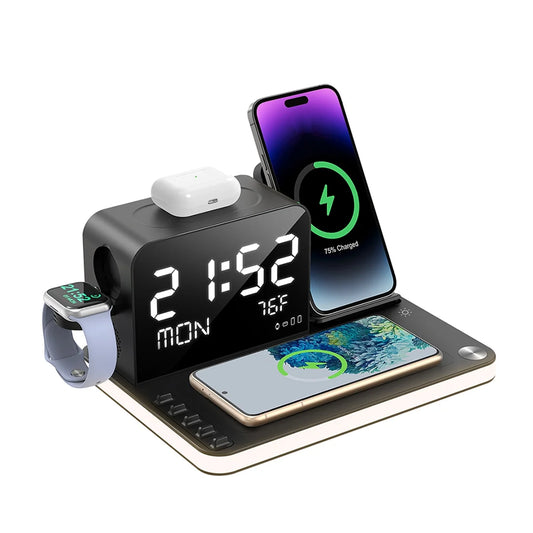 NEW Wireless Charging Station 7 in 1 Fast Charger Stand with Clock Night Lights for Watches Smartphones